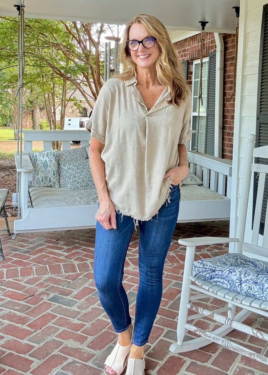 Nova Washed Linen V Neck Top - Beige | Zenana - linen shirt - Jimberly's Boutique - Olive Branch - Mississippi