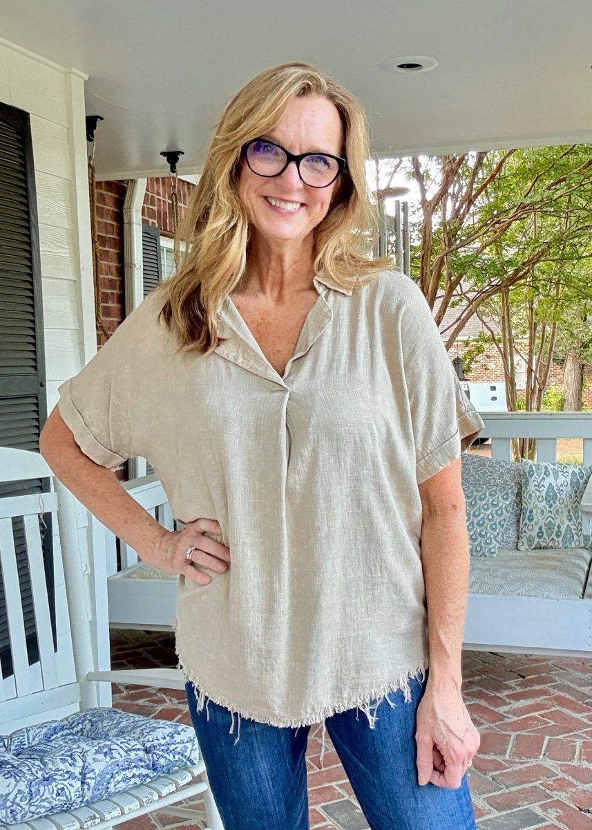 Nova Washed Linen V Neck Top - Beige | Zenana - linen shirt - Jimberly's Boutique - Olive Branch - Mississippi
