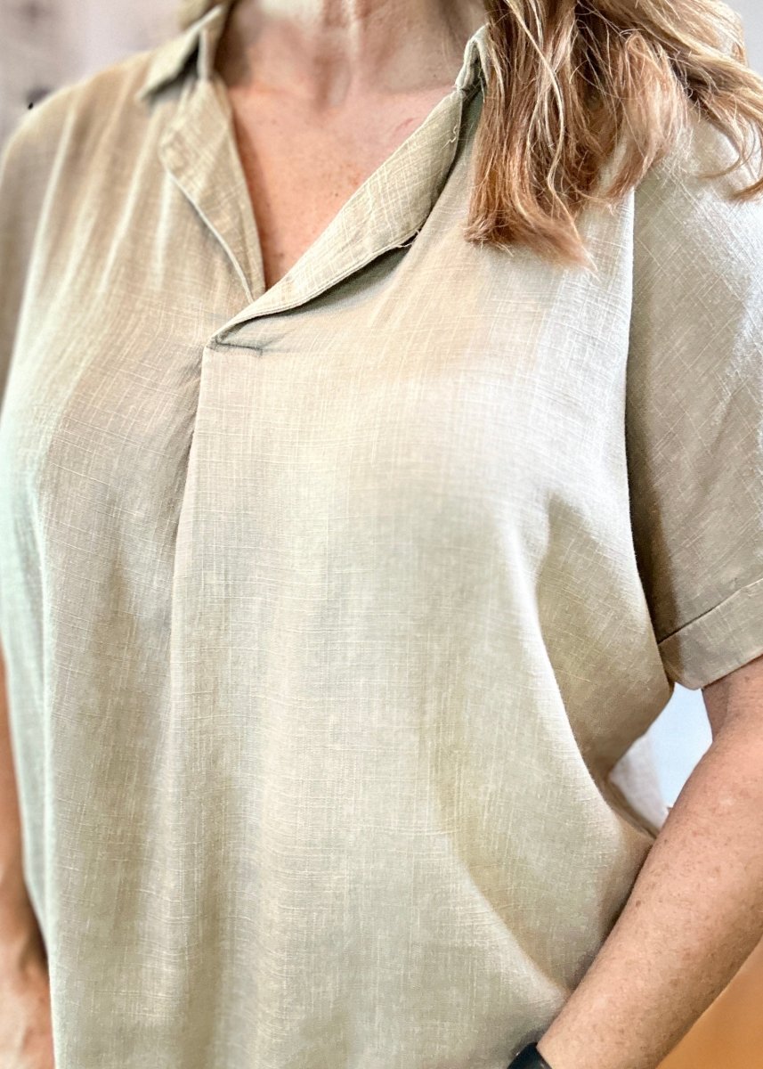 Nova Washed Linen V Neck Top - Beige | Zenana - linen shirt - Jimberly's Boutique - Olive Branch - Mississippi
