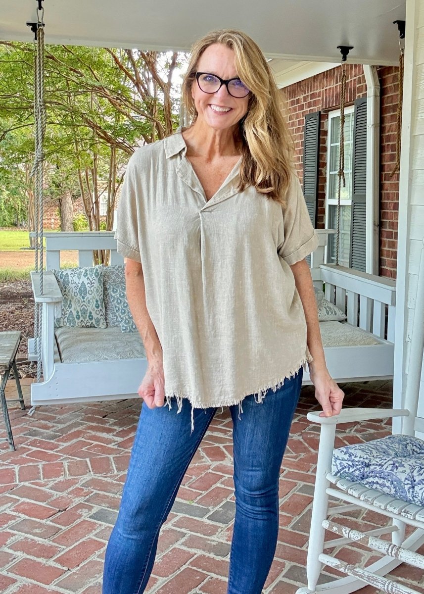 Nova Washed Linen V Neck Top - Beige | Zenana - linen shirt - Jimberly's Boutique - Olive Branch - Mississippi