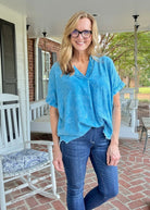 Nova Washed Linen V Neck Top - Deep Sky - linen shirt - Jimberly's Boutique - Olive Branch - Mississippi
