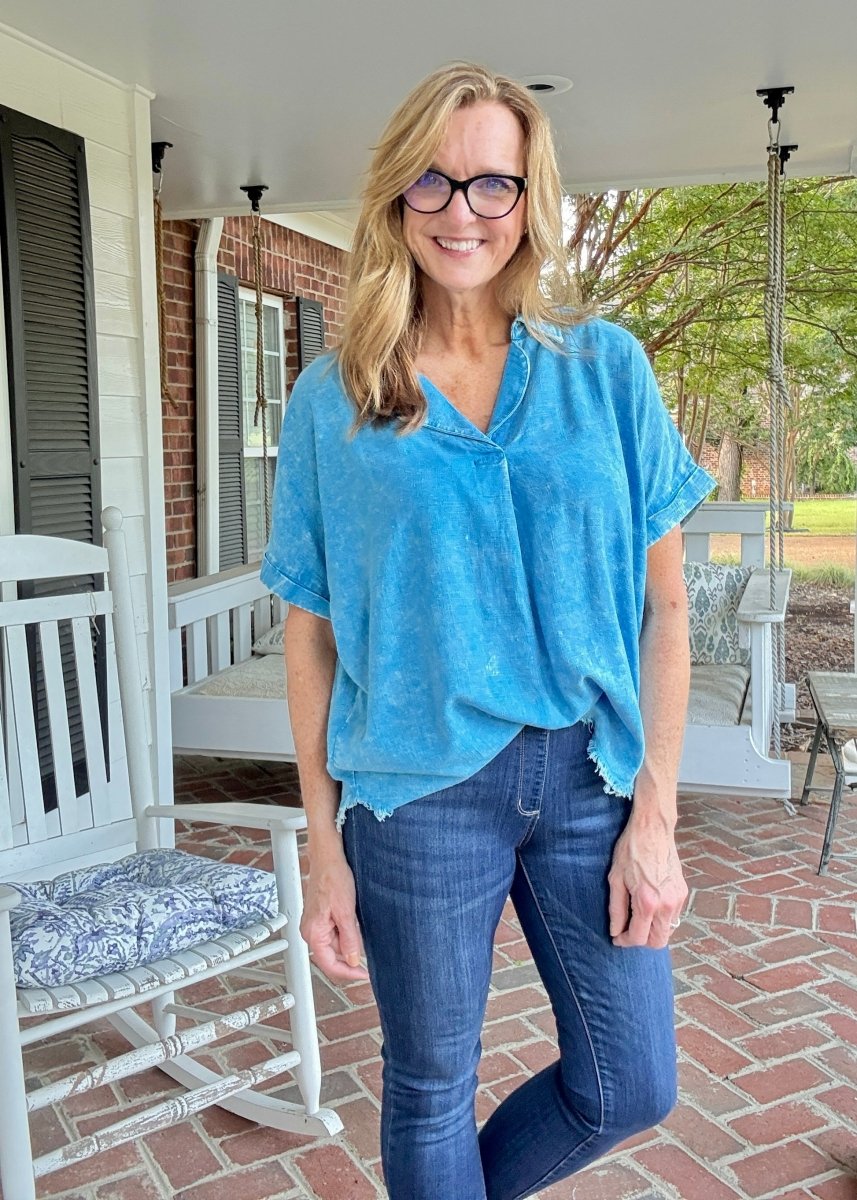 Nova Washed Linen V Neck Top - Deep Sky - linen shirt - Jimberly's Boutique - Olive Branch - Mississippi