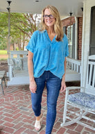 Nova Washed Linen V Neck Top - Deep Sky - linen shirt - Jimberly's Boutique - Olive Branch - Mississippi