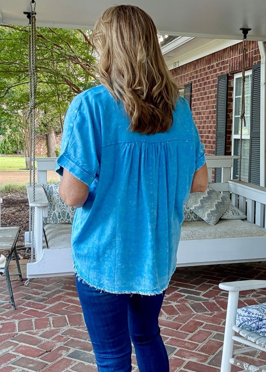 Nova Washed Linen V Neck Top - Deep Sky - linen shirt - Jimberly's Boutique - Olive Branch - Mississippi