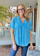 Nova Washed Linen V Neck Top - Deep Sky - linen shirt - Jimberly's Boutique - Olive Branch - Mississippi