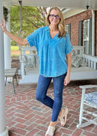 Nova Washed Linen V Neck Top - Deep Sky - linen shirt - Jimberly's Boutique - Olive Branch - Mississippi