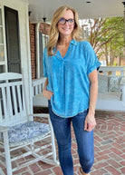 Nova Washed Linen V Neck Top - Deep Sky - linen shirt - Jimberly's Boutique - Olive Branch - Mississippi