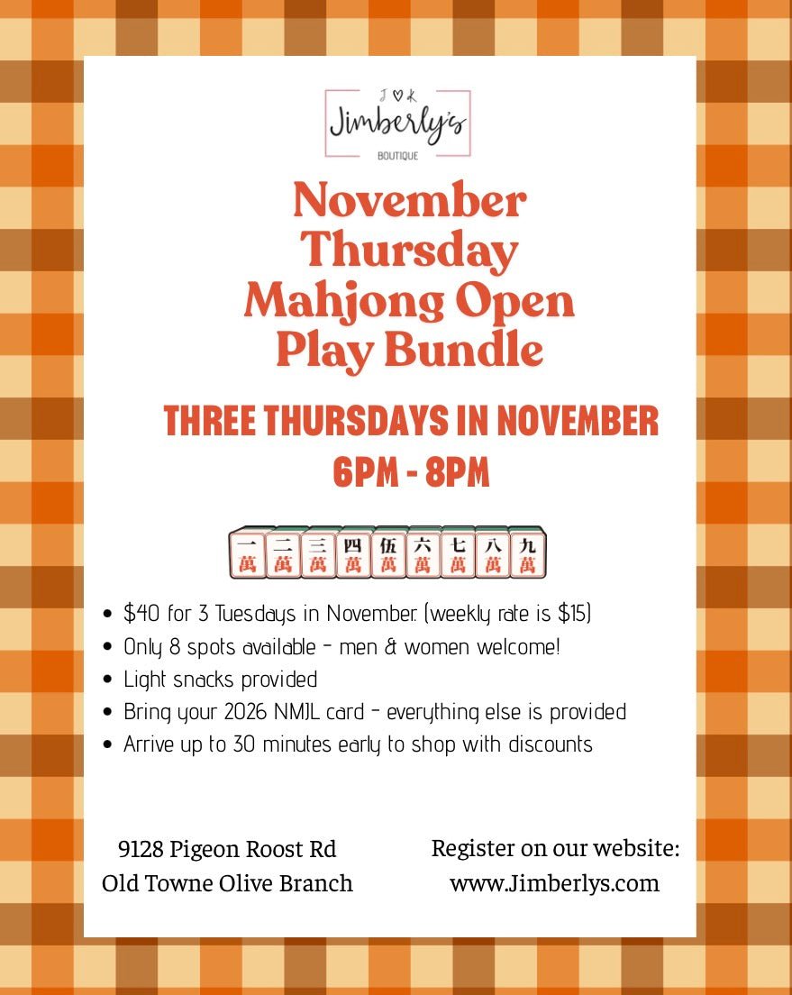 November Thursday Night Mahjong Open Play Bundle - November 2026 - Jimberly's Boutique-Olive Branch-Mississippi