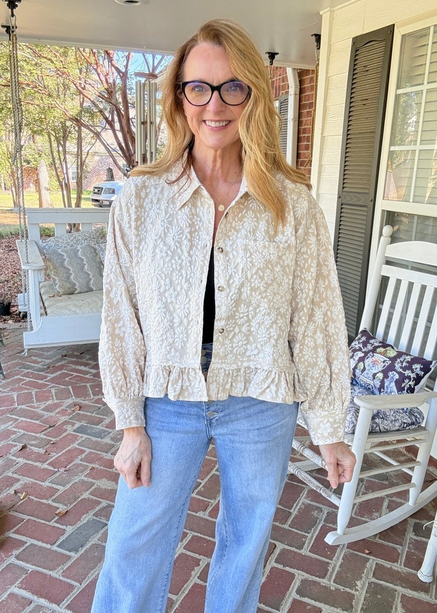 Oatmeal Textured Ruffle Hem Top | BiBi - Button Down Top -Jimberly's Boutique-Olive Branch-Mississippi