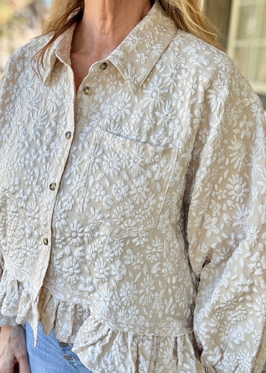 Oatmeal Textured Ruffle Hem Top | BiBi - Button Down Top -Jimberly's Boutique-Olive Branch-Mississippi