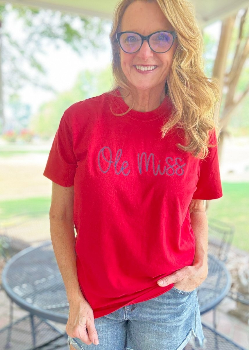 Ole Miss Chain Stitch Embroidered Tee - Embroidered Comfort Colors - Jimberly's Boutique - Olive Branch - Mississippi