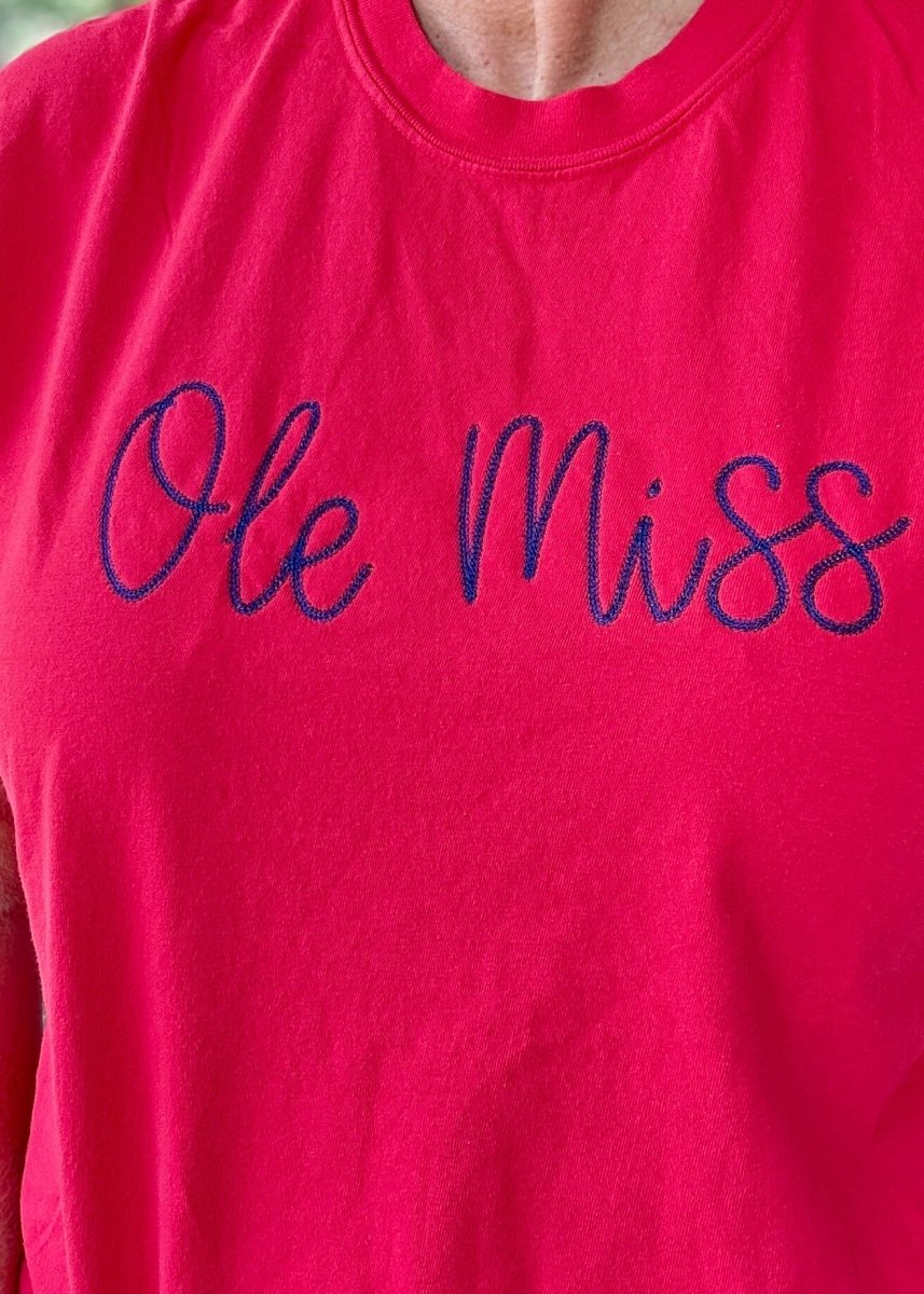 Ole Miss Chain Stitch Embroidered Tee - Embroidered Comfort Colors - Jimberly's Boutique - Olive Branch - Mississippi