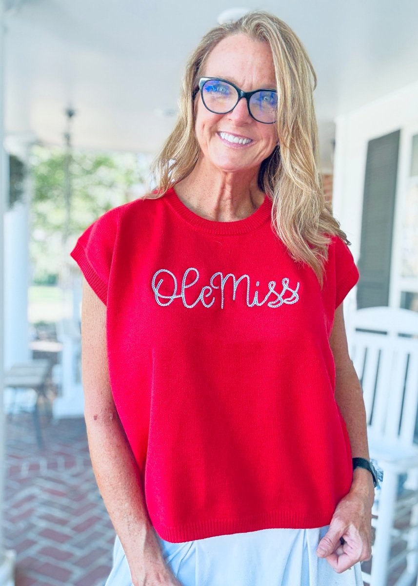 Ole Miss Embroidered Sweater Vest - Red w/Powder Blue - gameday - Jimberly's Boutique - Olive Branch - Mississippi