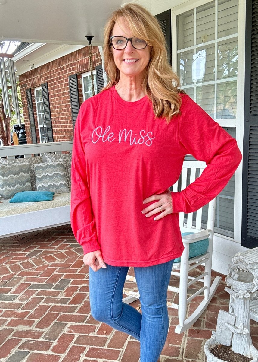 Ole Miss Red Embroidered Bella Canvas LS Tee - Graphic Long Sleeve - Jimberly's Boutique - Olive Branch - Mississippi