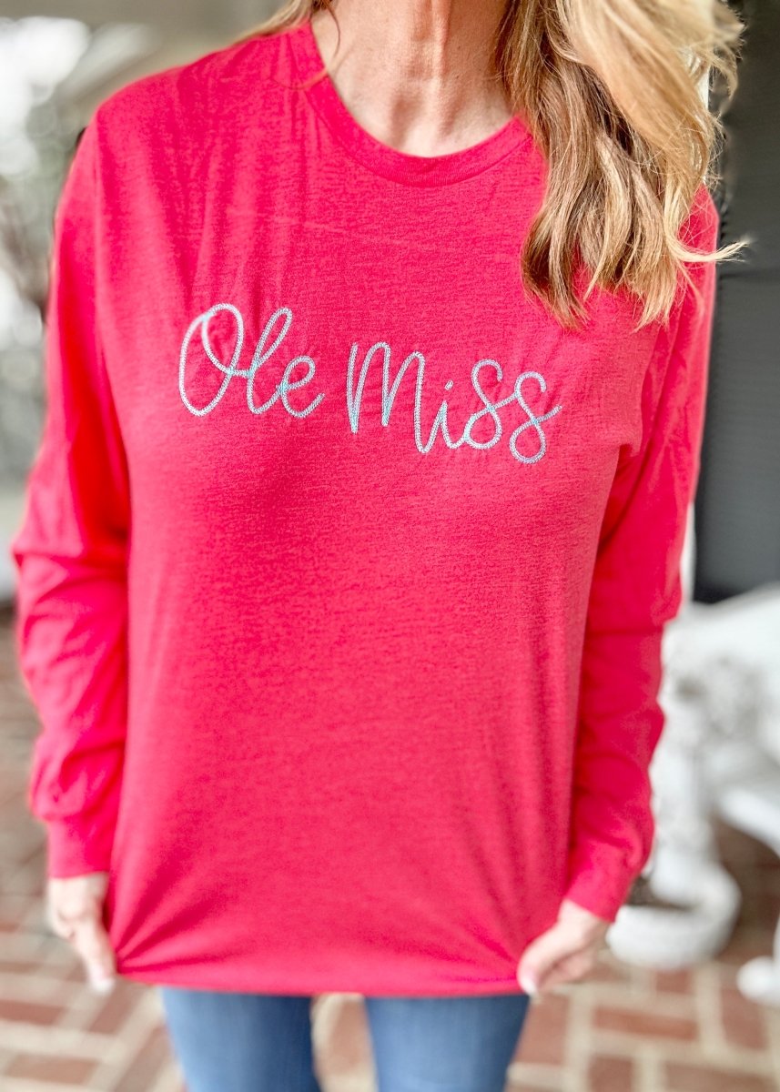 Ole Miss Red Embroidered Bella Canvas LS Tee - Graphic Long Sleeve - Jimberly's Boutique - Olive Branch - Mississippi