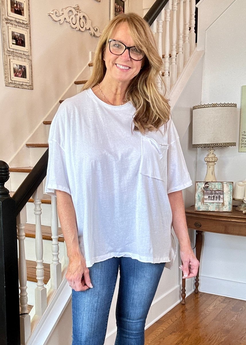 Olivia Oversized Front Pocket Top - White - Casual Top - Jimberly's Boutique - Olive Branch - Mississippi