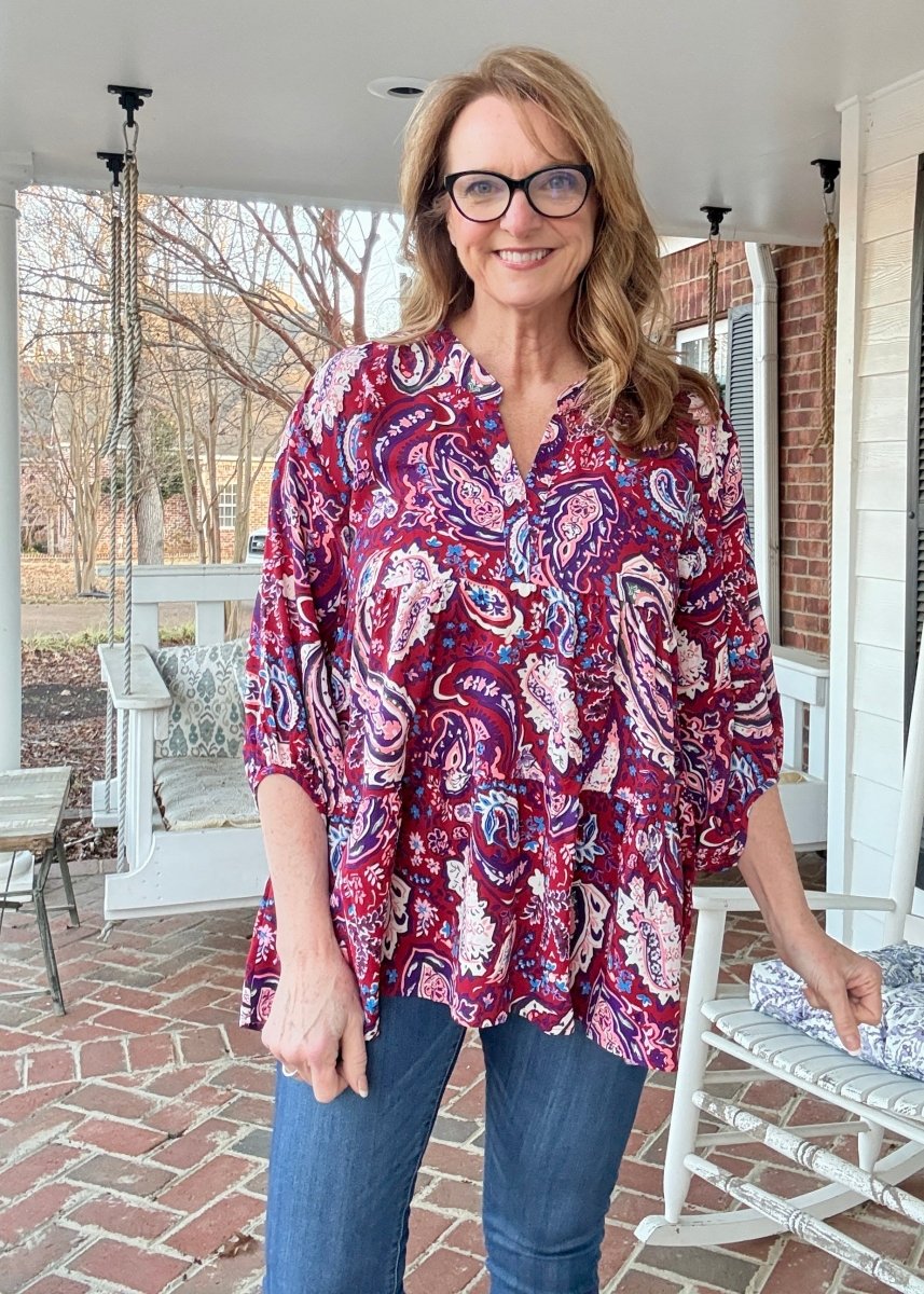 Paisley Print Boho Blouse - Wine Mix - Umgee Top - Jimberly's Boutique - Olive Branch - Mississippi