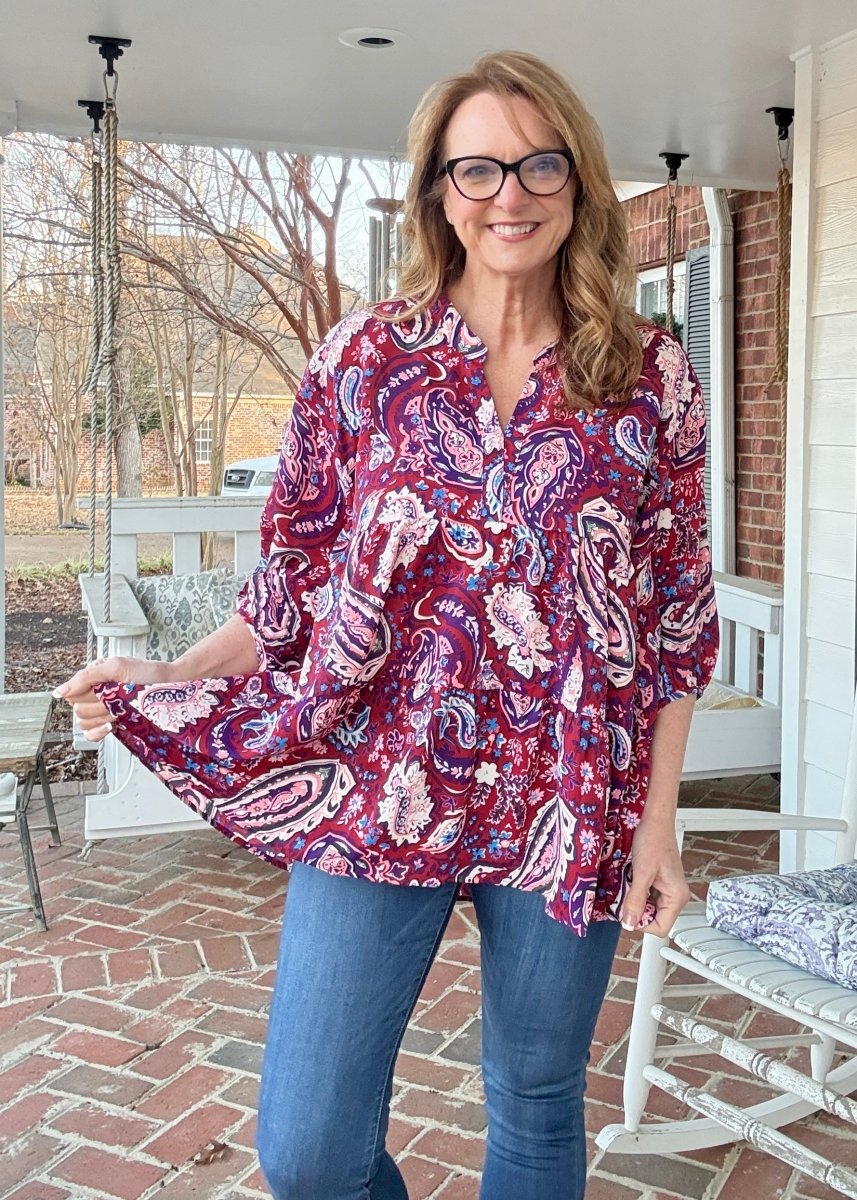 Paisley Print Boho Blouse - Wine Mix - Umgee Top - Jimberly's Boutique - Olive Branch - Mississippi