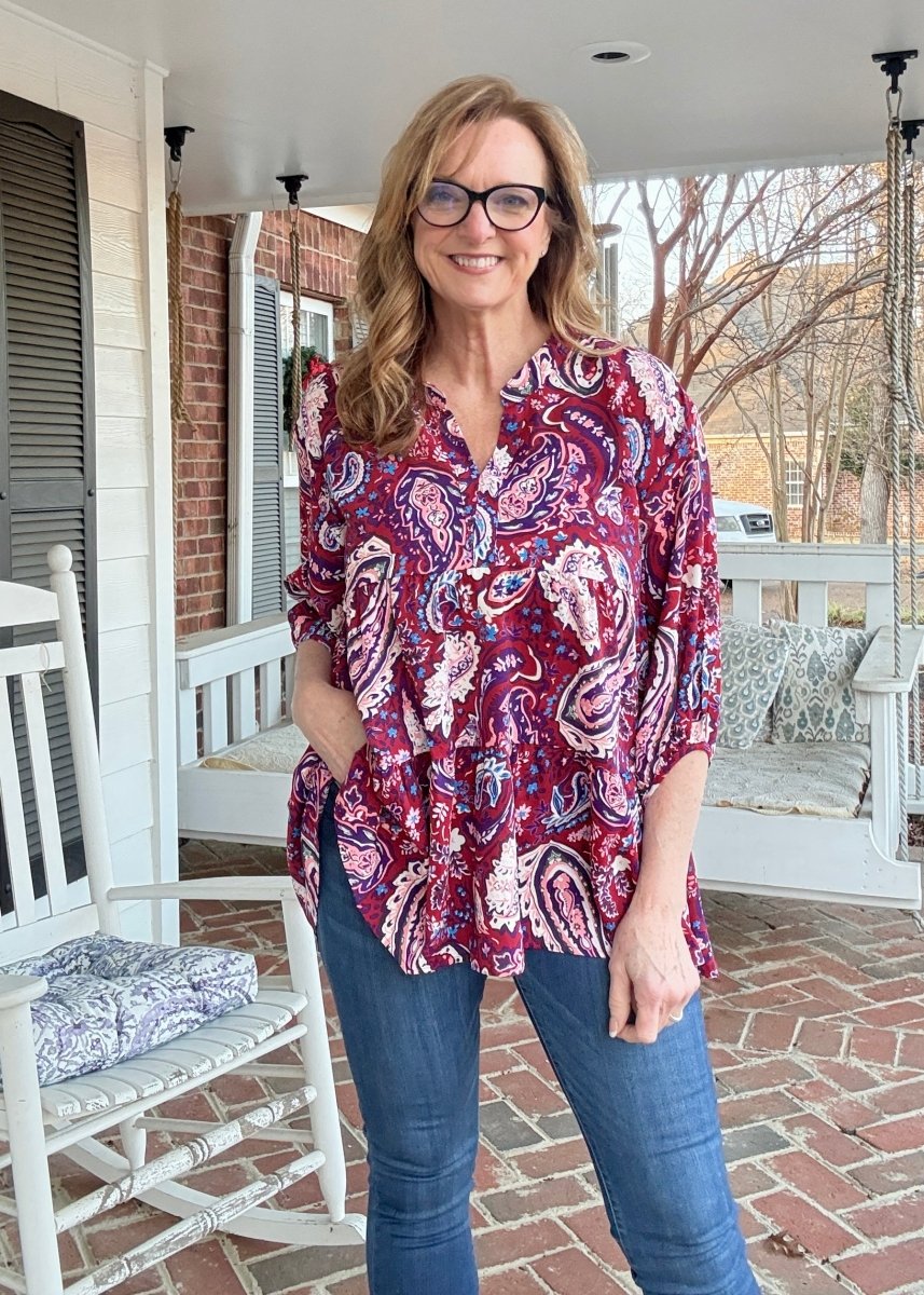 Paisley Print Boho Blouse - Wine Mix - Umgee Top - Jimberly's Boutique - Olive Branch - Mississippi