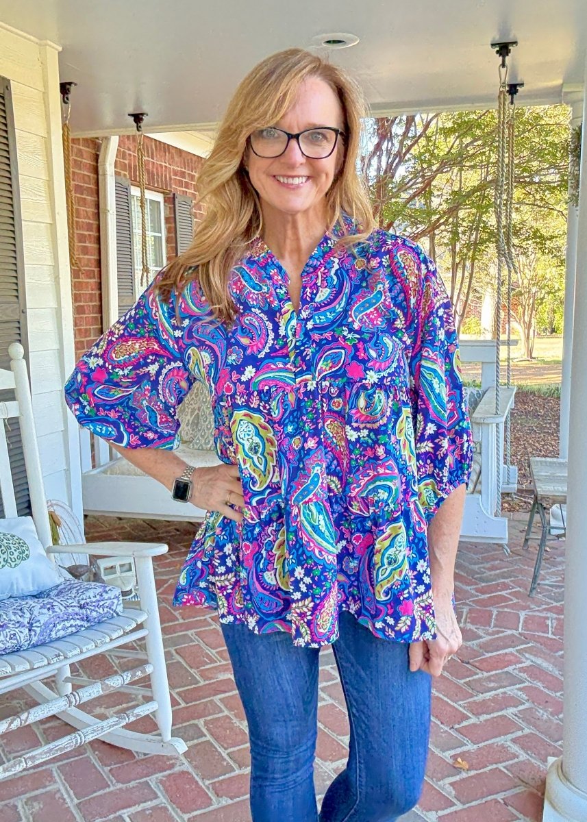 Paisley Print Peplum Top - Navy Mix - Umgee Top - Jimberly's Boutique - Olive Branch - Mississippi