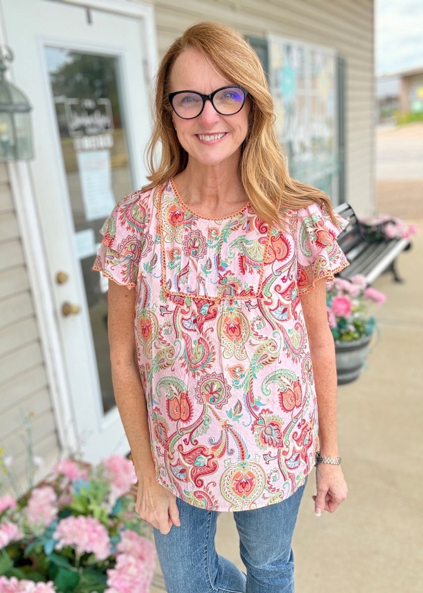 Paisley Ruffle Sleeve Top - Pink Mix | Umgee - Umgee Top - Jimberly's Boutique - Olive Branch - Mississippi