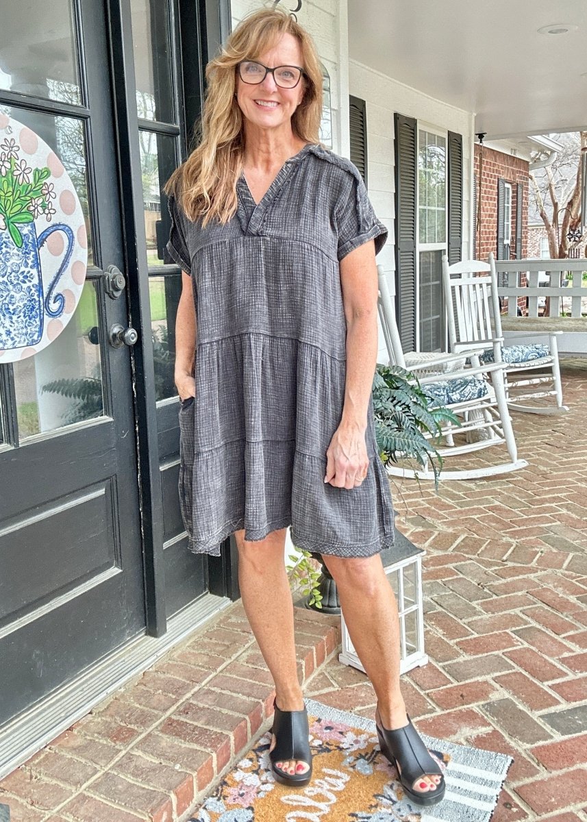 Pammie Gauze Raw Edge Dress - Ash Black - Casual Dress - Jimberly's Boutique - Olive Branch - Mississippi