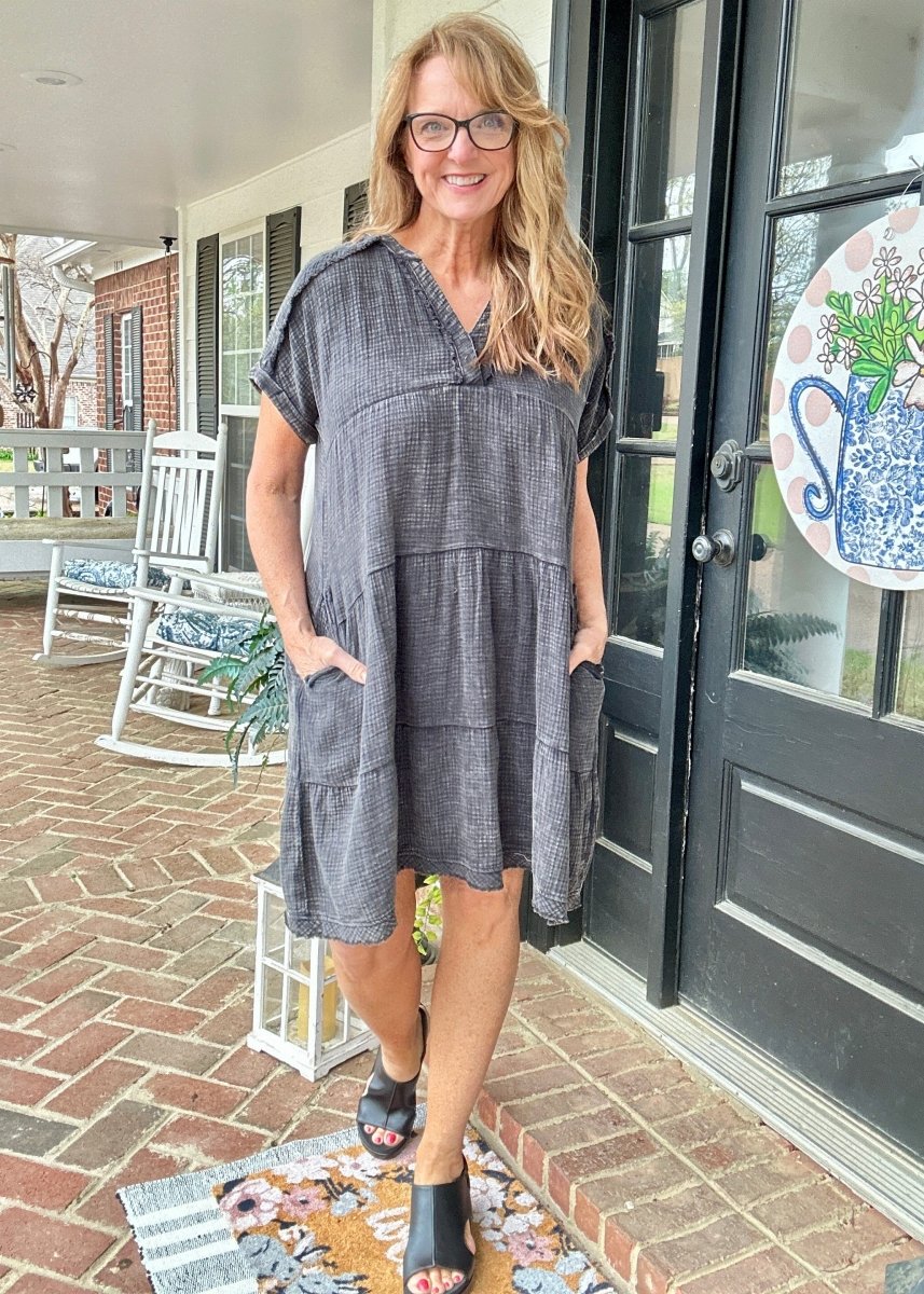 Pammie Gauze Raw Edge Dress - Ash Black - Casual Dress - Jimberly's Boutique - Olive Branch - Mississippi