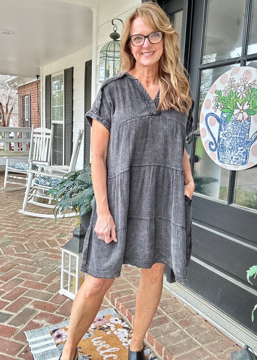 Pammie Gauze Raw Edge Dress - Ash Black - Casual Dress - Jimberly's Boutique - Olive Branch - Mississippi