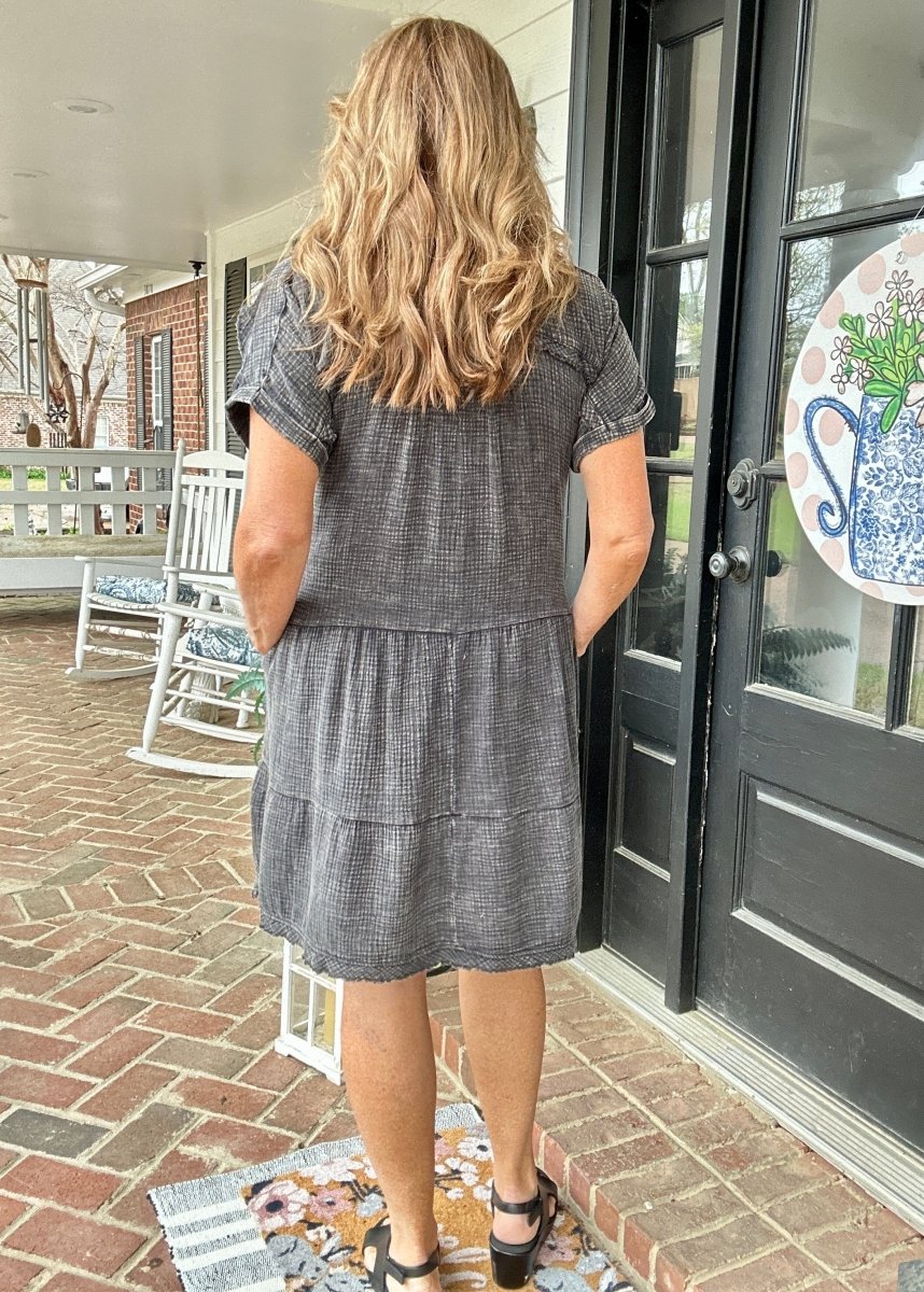 Pammie Gauze Raw Edge Dress - Ash Black - Casual Dress - Jimberly's Boutique - Olive Branch - Mississippi