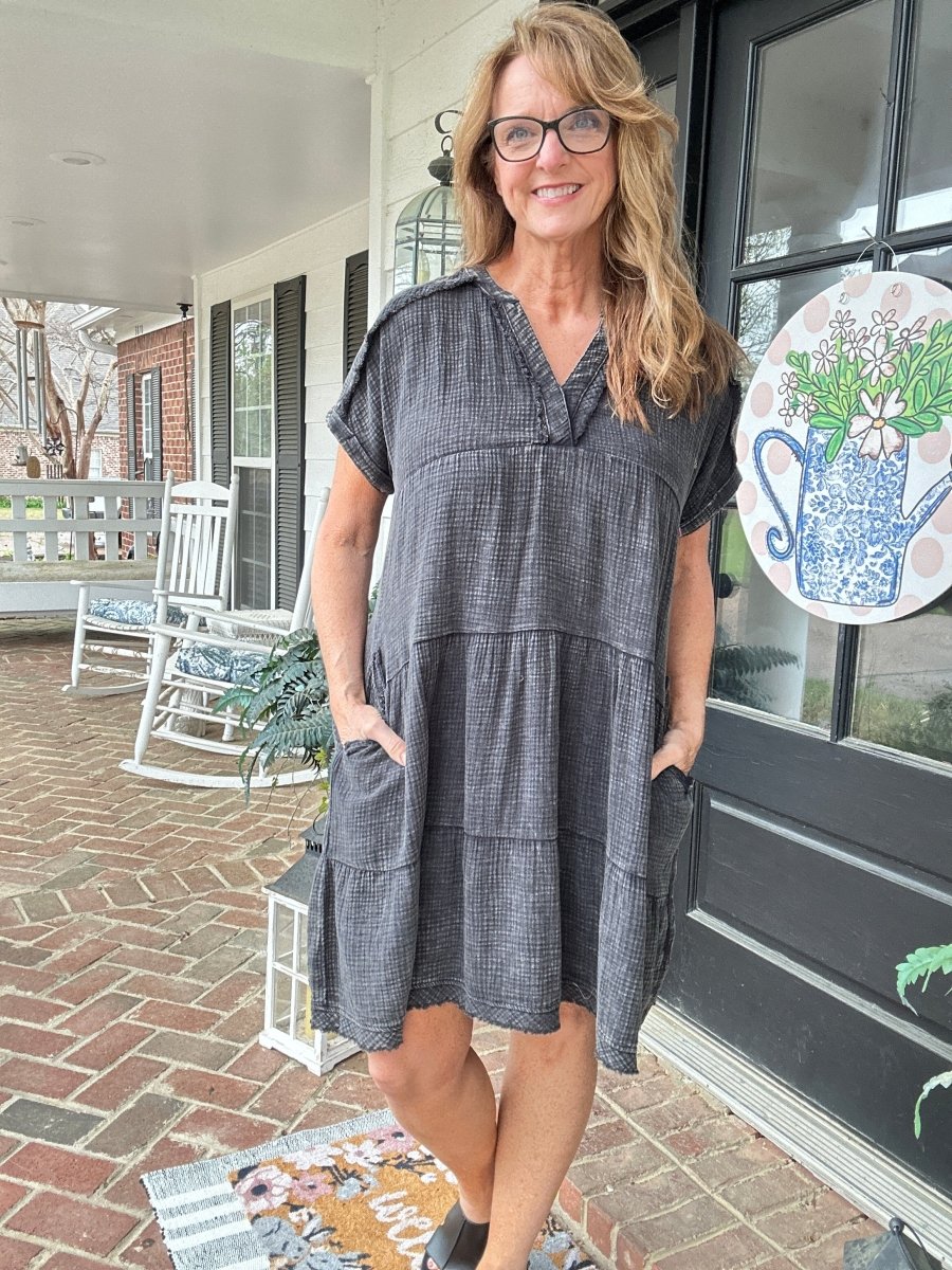 Pammie Gauze Raw Edge Dress - Ash Black - Casual Dress - Jimberly's Boutique - Olive Branch - Mississippi