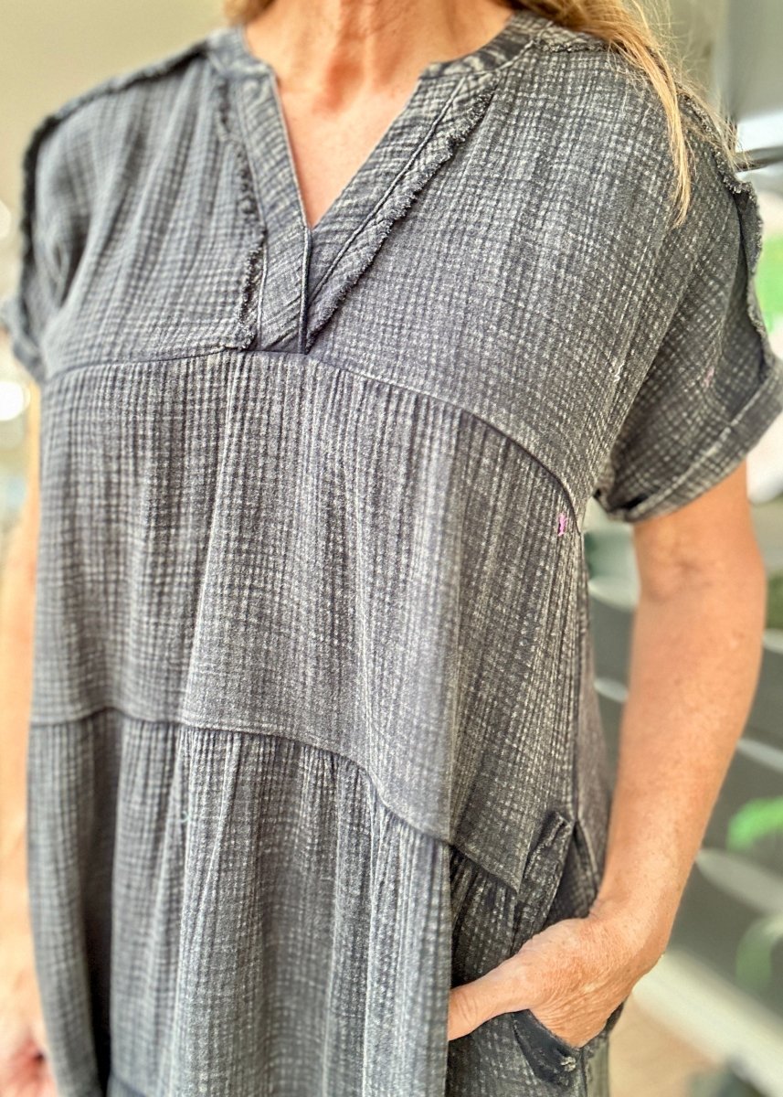 Pammie Gauze Raw Edge Dress - Ash Black - Casual Dress - Jimberly's Boutique - Olive Branch - Mississippi