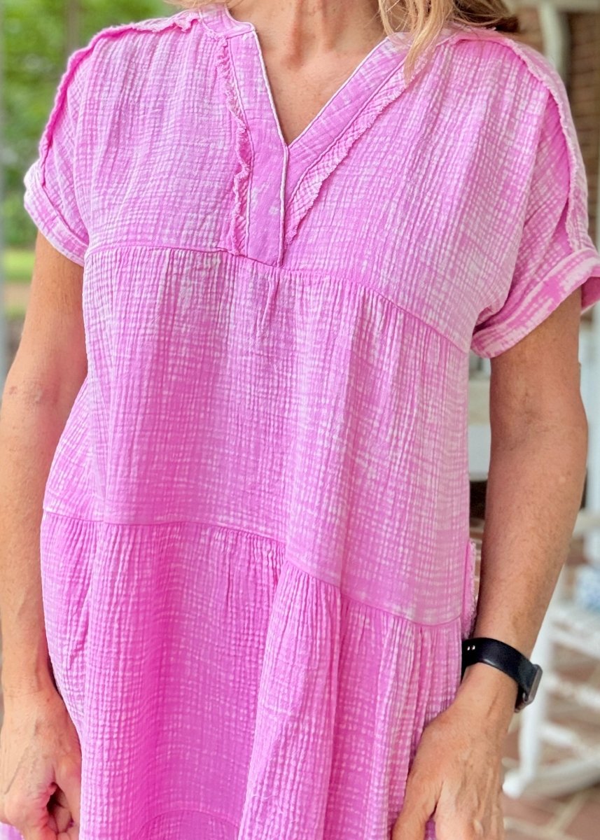 Pammie Gauze Raw Edge Dress - Bright Mauve - Casual Dress - Jimberly's Boutique - Olive Branch - Mississippi