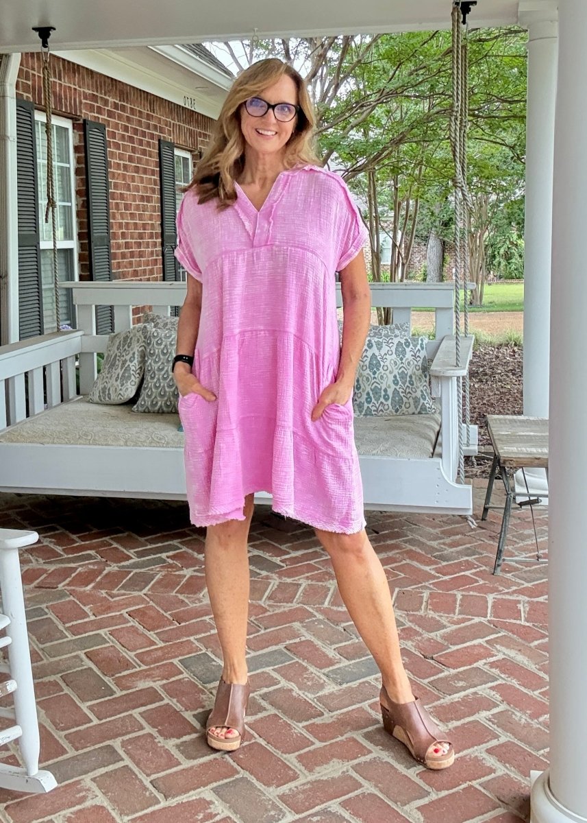 Pammie Gauze Raw Edge Dress - Bright Mauve - Casual Dress - Jimberly's Boutique - Olive Branch - Mississippi