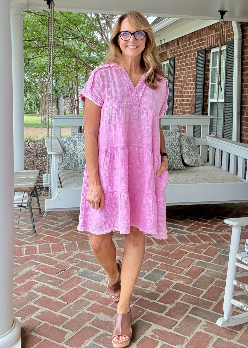 Pammie Gauze Raw Edge Dress - Bright Mauve - Casual Dress - Jimberly's Boutique - Olive Branch - Mississippi