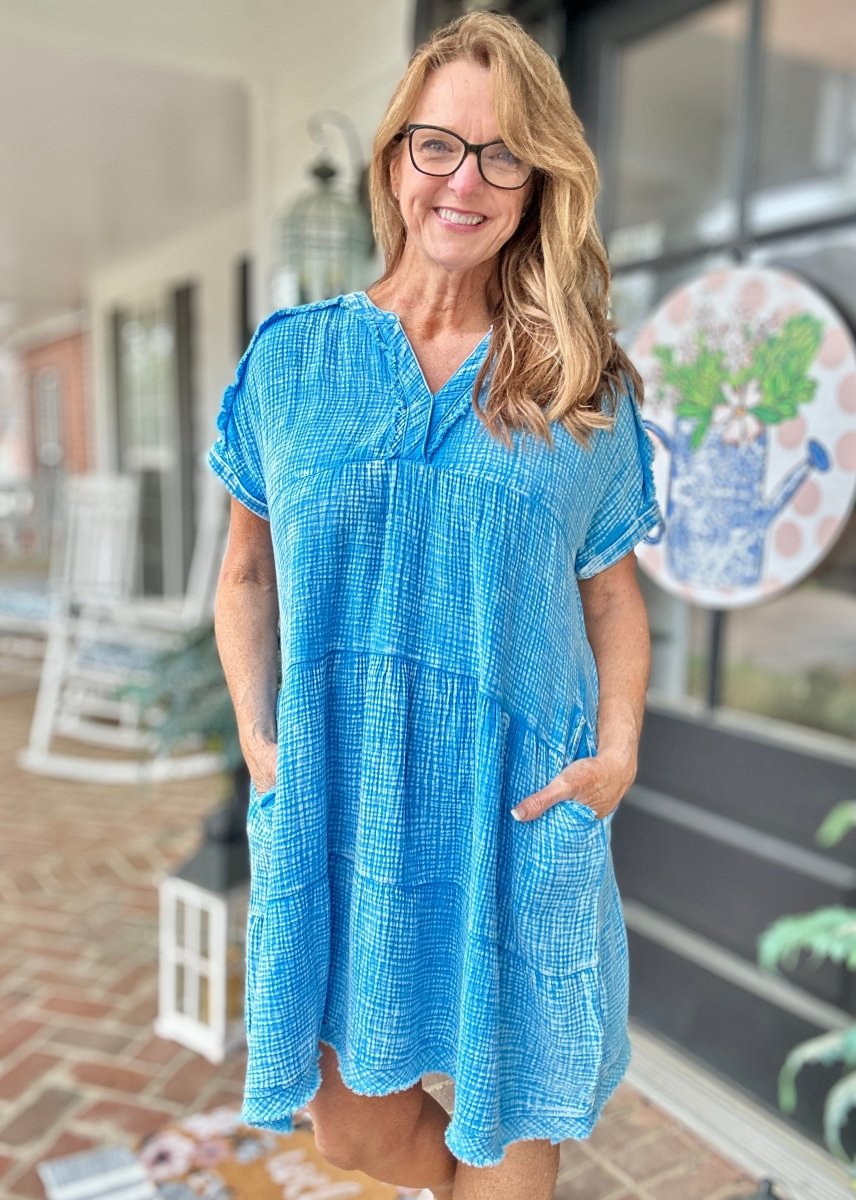 Pammie Gauze Raw Edge Dress - Deep Sky – Jimberly's Boutique