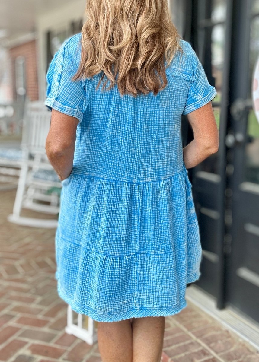 Pammie Gauze Raw Edge Dress - Deep Sky - Casual Dress - Jimberly's Boutique - Olive Branch - Mississippi