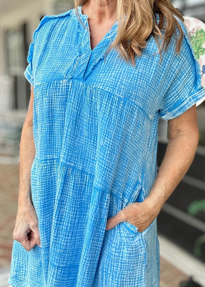 Pammie Gauze Raw Edge Dress - Deep Sky - Casual Dress - Jimberly's Boutique - Olive Branch - Mississippi