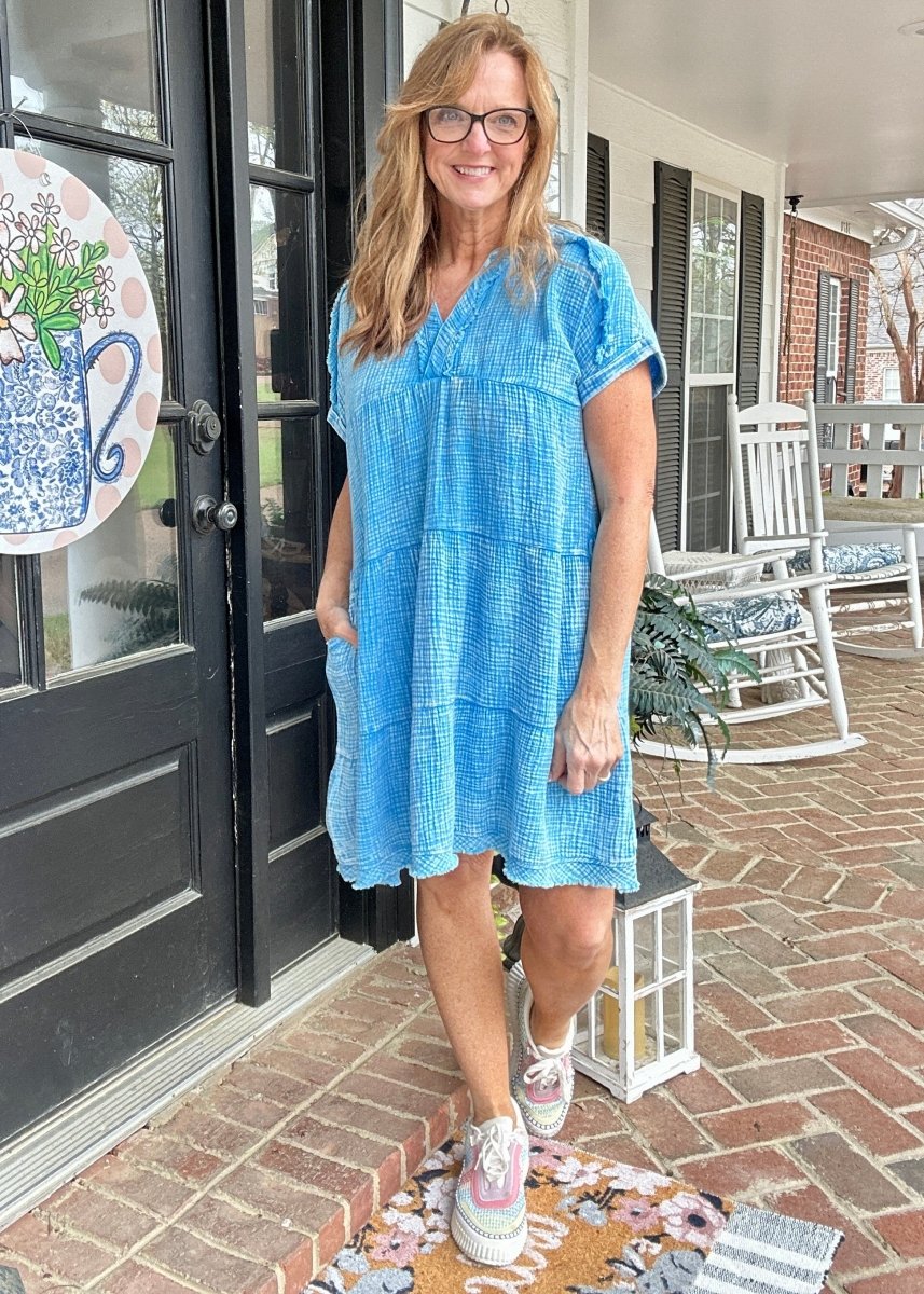 Pammie Gauze Raw Edge Dress - Deep Sky - Casual Dress - Jimberly's Boutique - Olive Branch - Mississippi