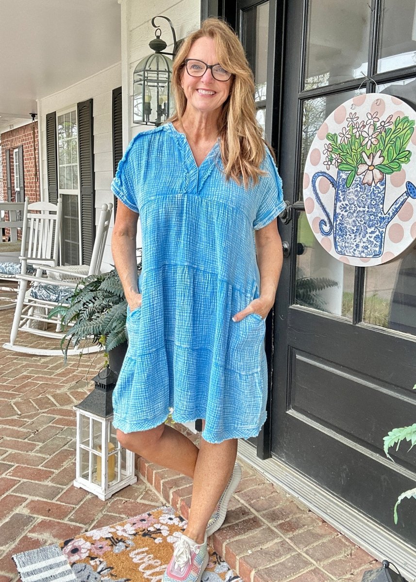 Pammie Gauze Raw Edge Dress - Deep Sky - Casual Dress - Jimberly's Boutique - Olive Branch - Mississippi