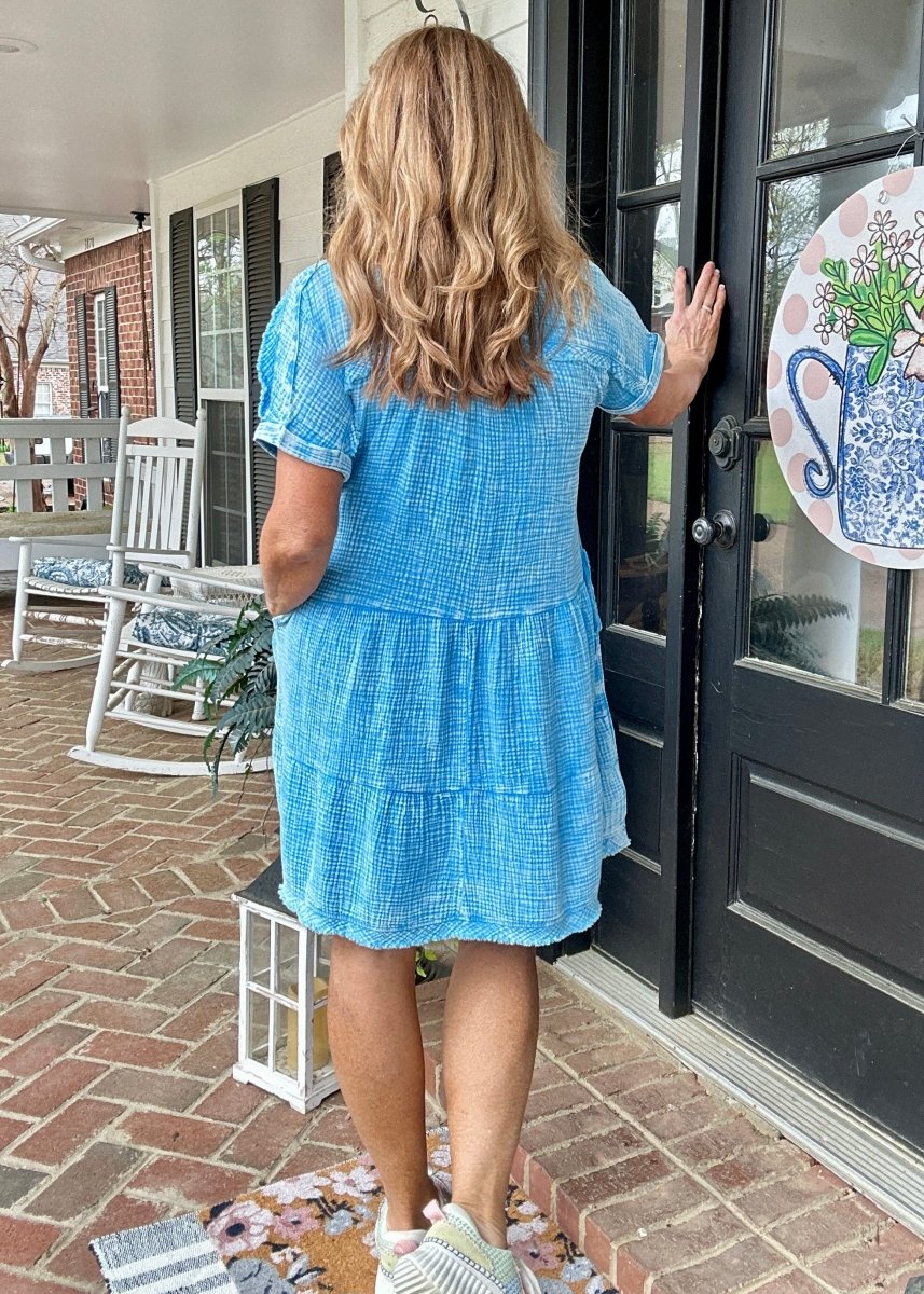 Pammie Gauze Raw Edge Dress - Deep Sky - Casual Dress - Jimberly's Boutique - Olive Branch - Mississippi