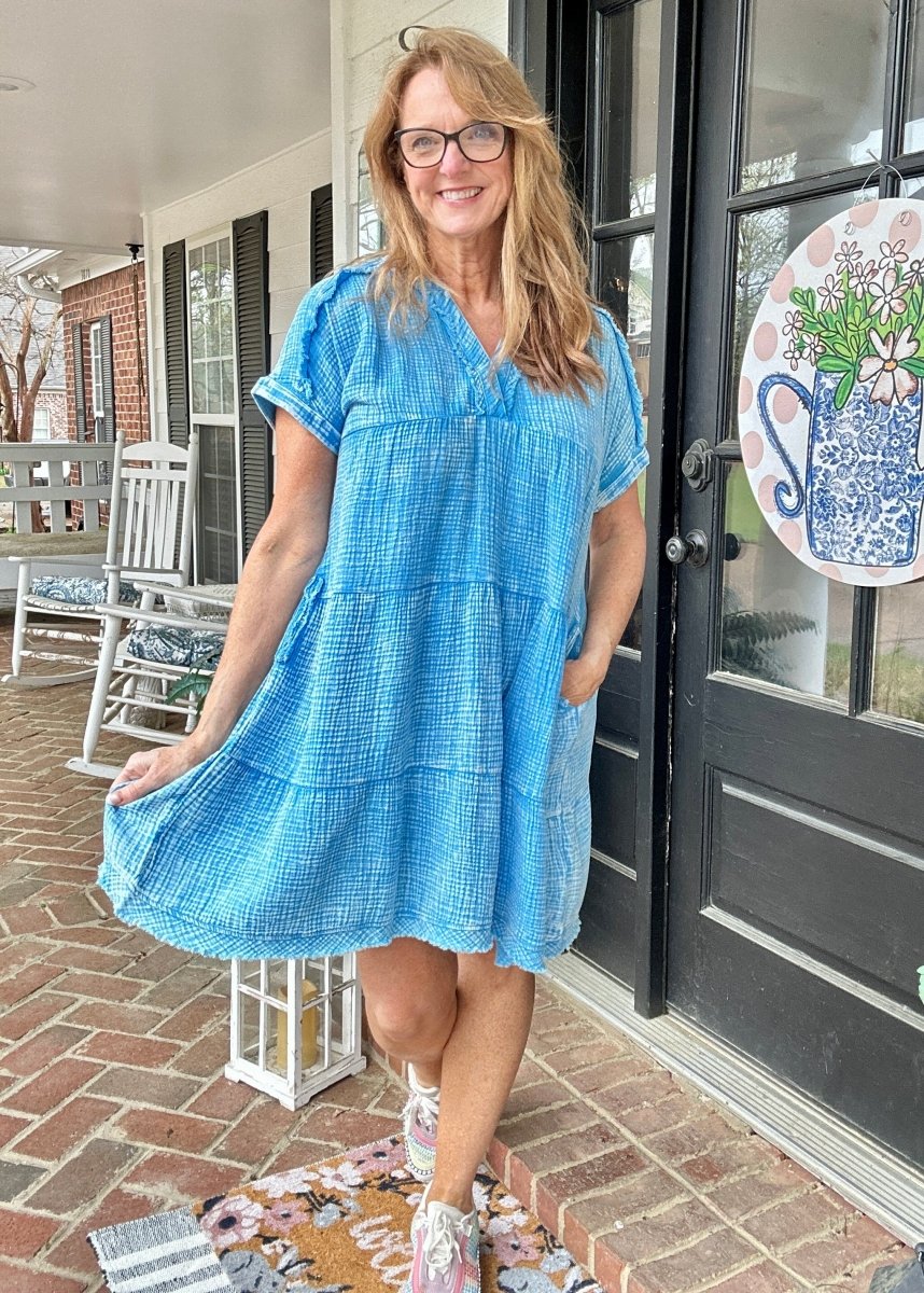 Pammie Gauze Raw Edge Dress - Deep Sky - Casual Dress - Jimberly's Boutique - Olive Branch - Mississippi