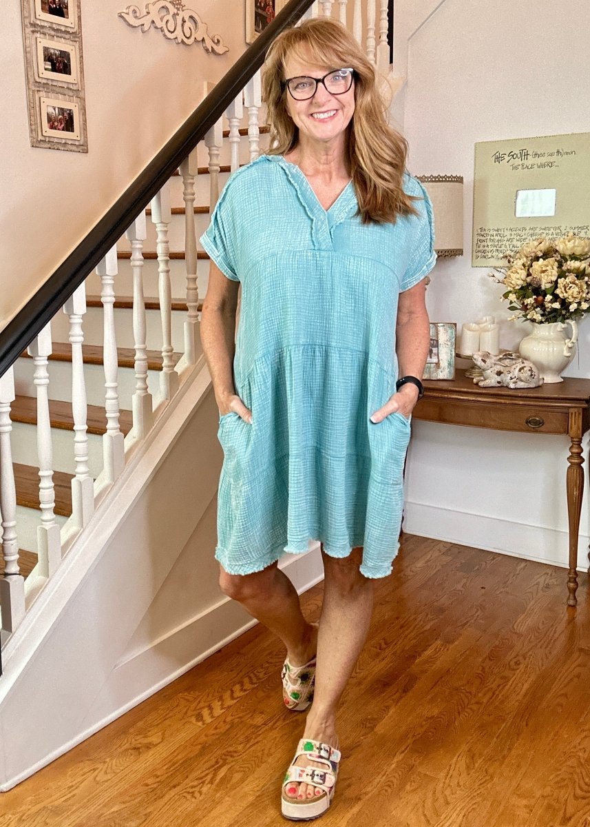 Pammie Gauze Raw Edge Dress - Dusty Teal - Casual Dress - Jimberly's Boutique - Olive Branch - Mississippi
