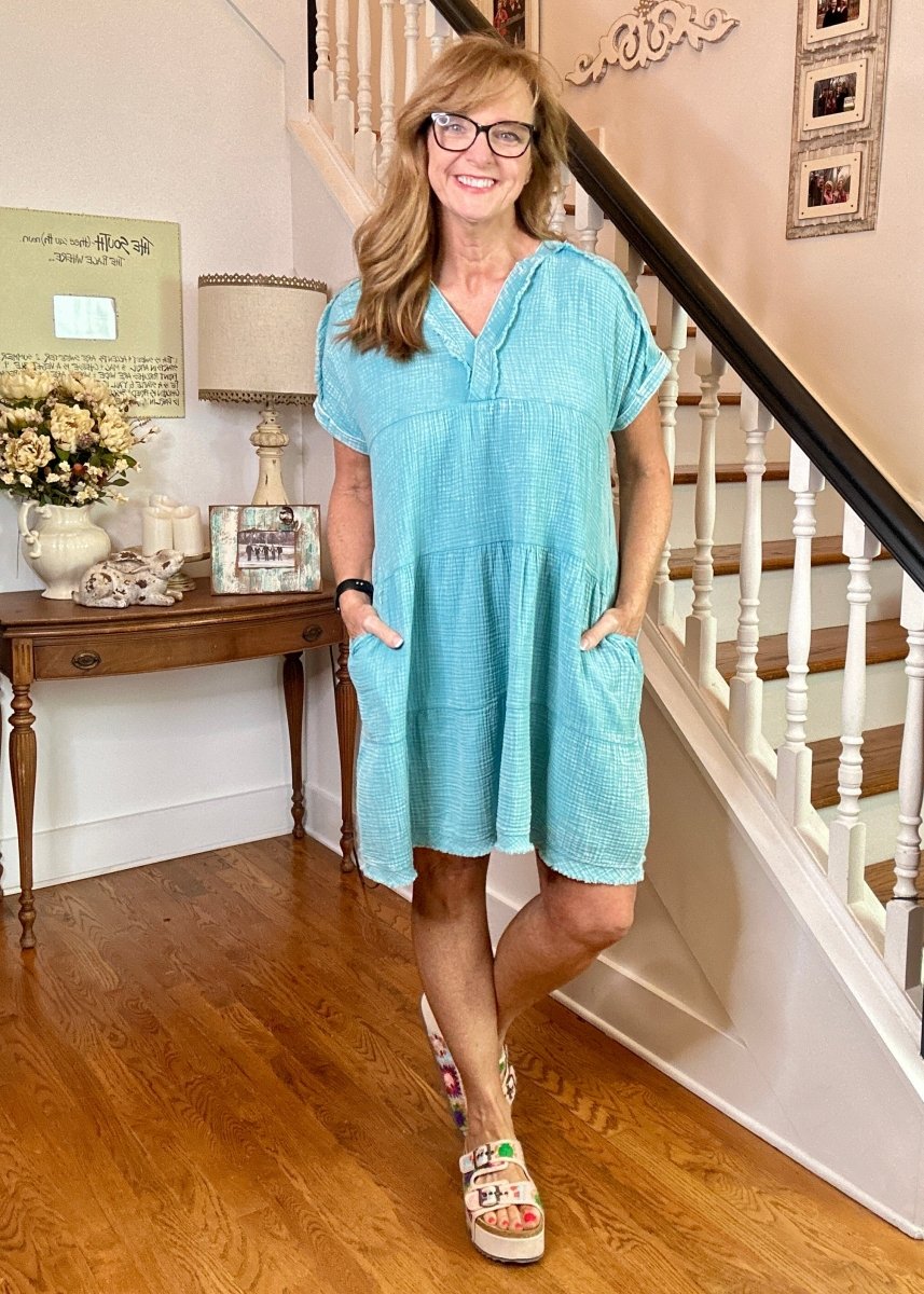Pammie Gauze Raw Edge Dress - Dusty Teal - Casual Dress - Jimberly's Boutique - Olive Branch - Mississippi