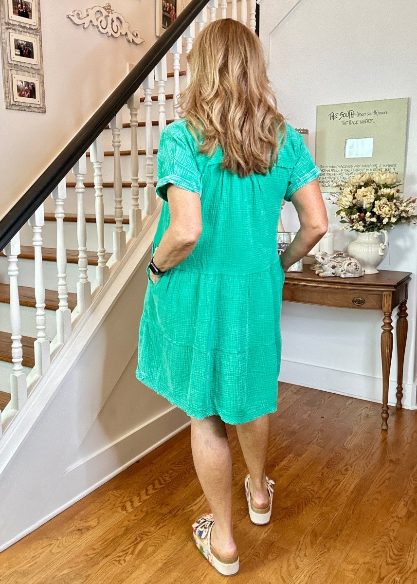Pammie Gauze Raw Edge Dress - Kelly Green - Casual Dress - Jimberly's Boutique - Olive Branch - Mississippi