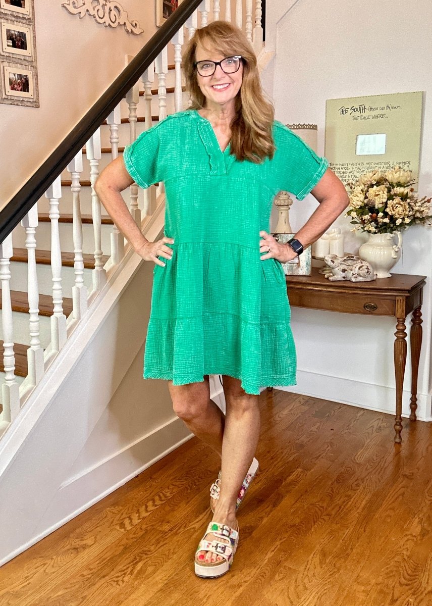 Pammie Gauze Raw Edge Dress - Kelly Green - Casual Dress - Jimberly's Boutique - Olive Branch - Mississippi