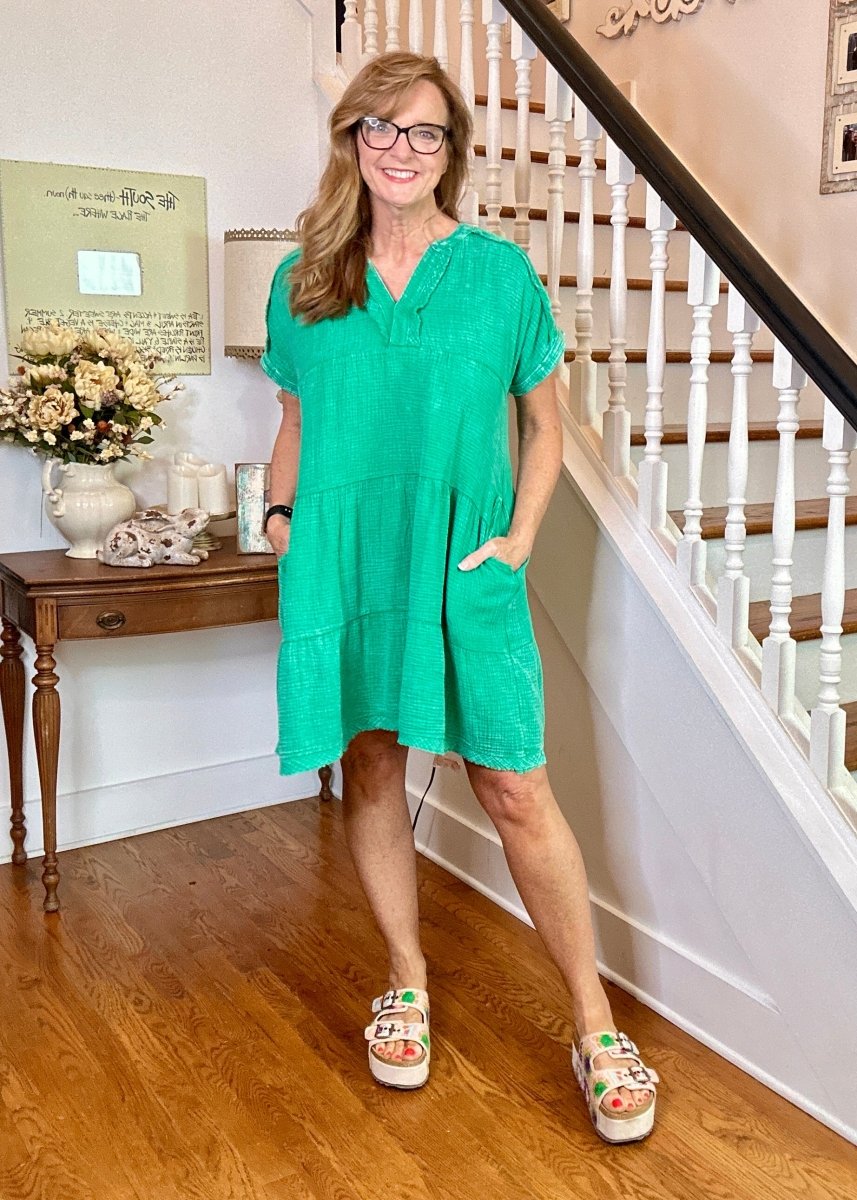 Pammie Gauze Raw Edge Dress - Kelly Green - Casual Dress - Jimberly's Boutique - Olive Branch - Mississippi
