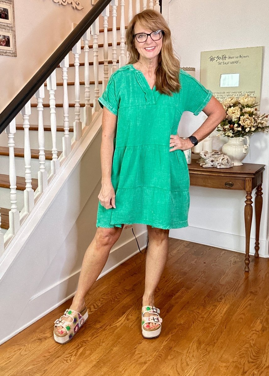 Pammie Gauze Raw Edge Dress - Kelly Green - Casual Dress - Jimberly's Boutique - Olive Branch - Mississippi