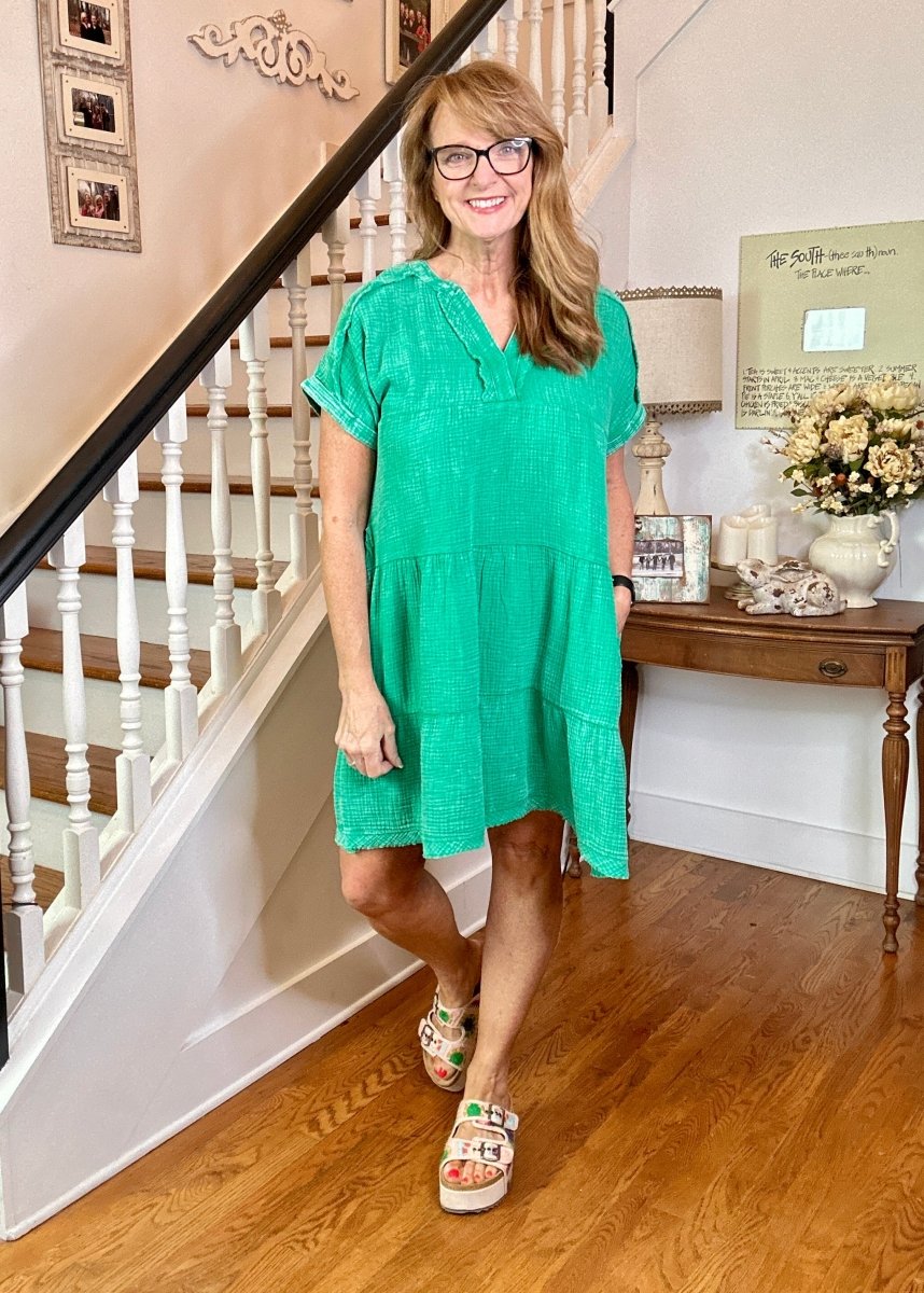 Pammie Gauze Raw Edge Dress - Kelly Green - Casual Dress - Jimberly's Boutique - Olive Branch - Mississippi