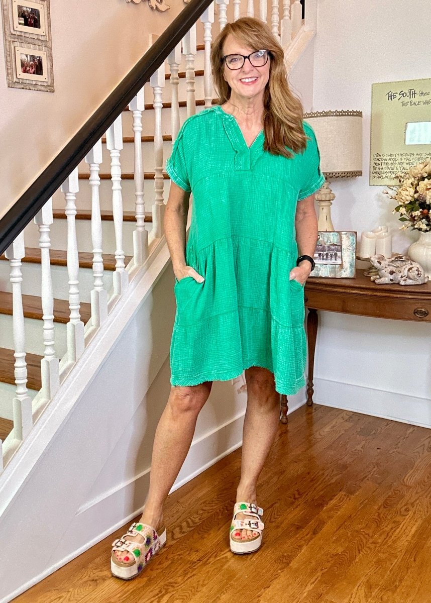 Pammie Gauze Raw Edge Dress - Kelly Green - Casual Dress - Jimberly's Boutique - Olive Branch - Mississippi