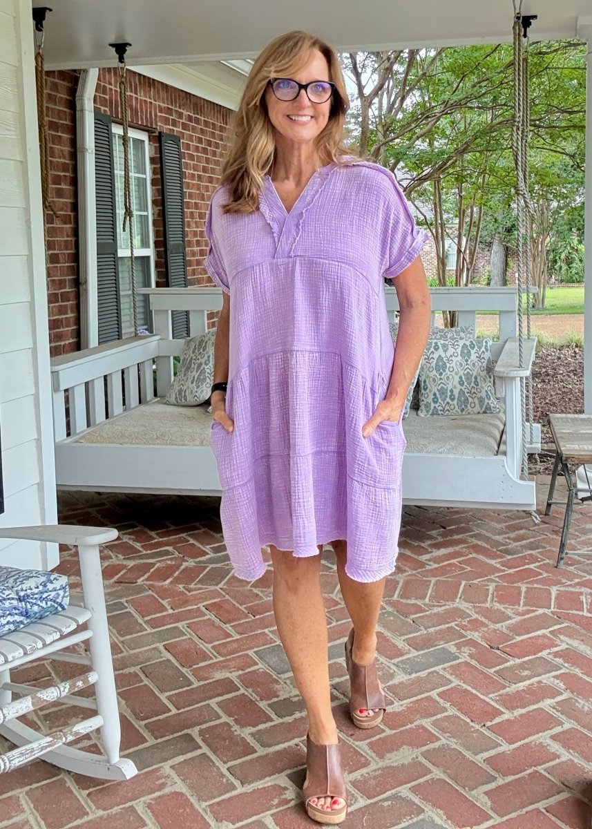 Pammie Gauze Raw Edge Dress - Lavender - Casual Dress - Jimberly's Boutique - Olive Branch - Mississippi